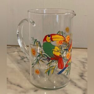 Vintage Glass Pitcher by Cerve Colorful Printed Toucans and Tropical Flowers